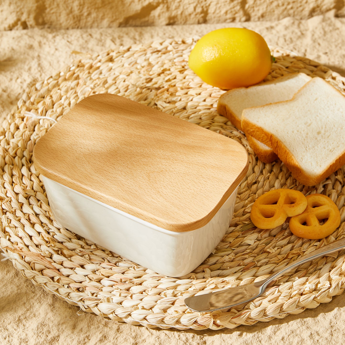 CoreClay Porcelain Butter Dish with Beech Wood Lid, Large Size for Countertop – Ideal for Standard & European Sized Butter, White