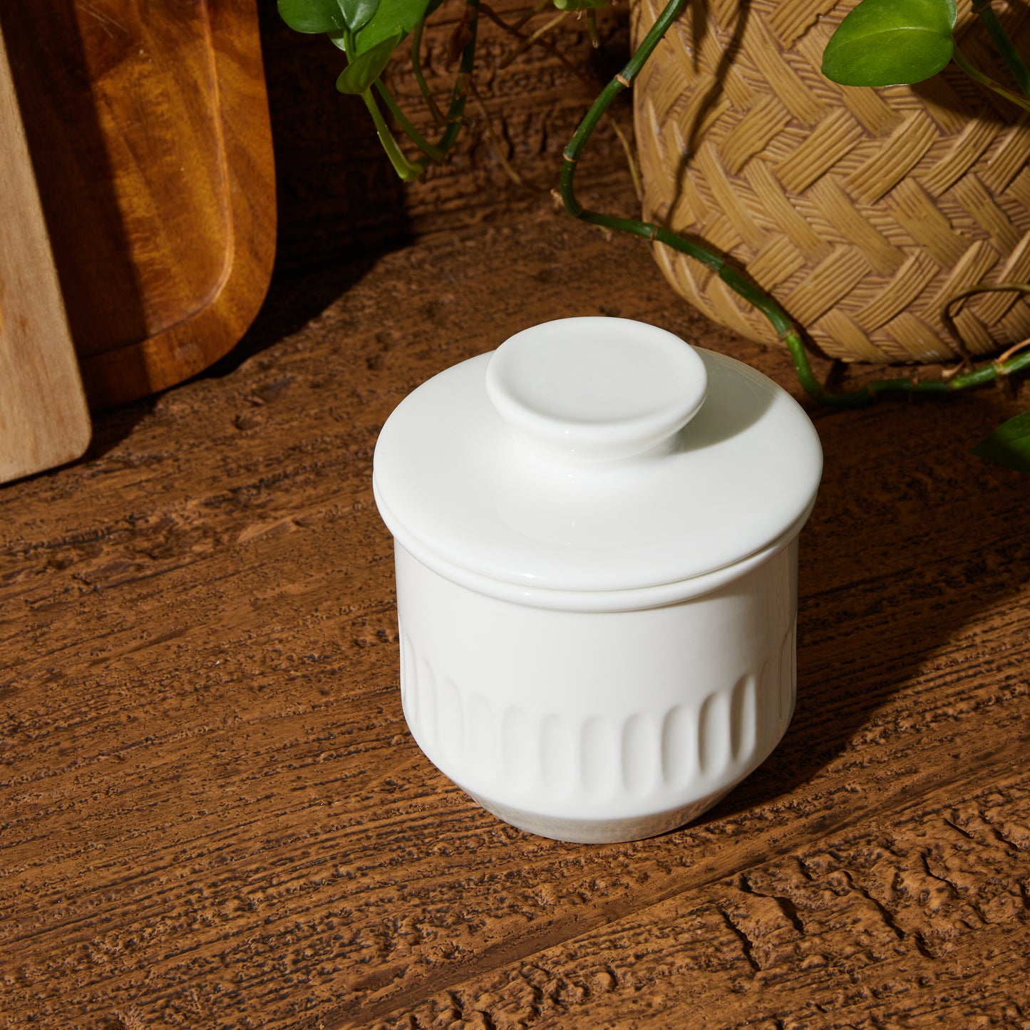 Cloudware French Embossed White Butter Crock with Lid – Floral Relief Pattern & Water Seal – Countertop Butter Keeper for Fresh, Spreadable Butter