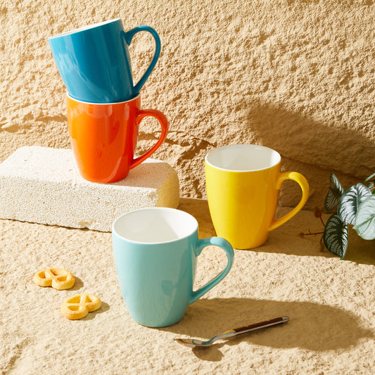 CoreClay 12 oz Porcelain Mugs, Set of 4 – Assorted Colors (Yellow, Orange, Navy Blue, Light Blue) – Coffee, Tea, and Hot Drink Cups with Comfortable Handles