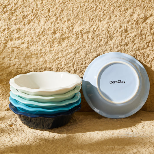 CoreClay Porcelain Mini Pie Pan Set, 6.5 Inch – 12 oz Individual Ruffled Pie Plates, Non-Stick Pie Dishes, Round Baking Tins, Multicolor, Set of 6