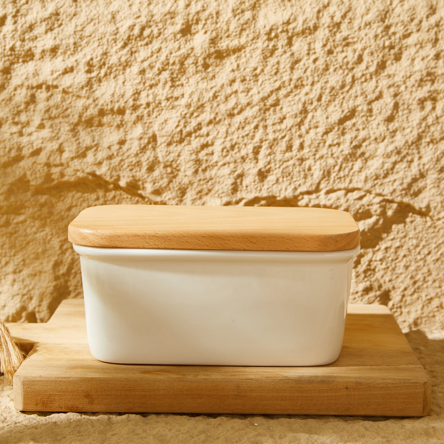 CoreClay Porcelain Butter Dish with Beech Wood Lid, Large Size for Countertop – Ideal for Standard & European Sized Butter, White