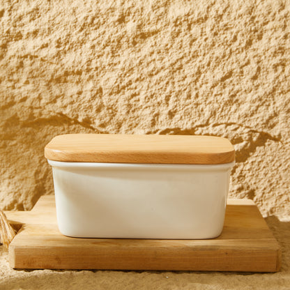 CoreClay Porcelain Butter Dish with Beech Wood Lid, Large Size for Countertop – Ideal for Standard & European Sized Butter, White