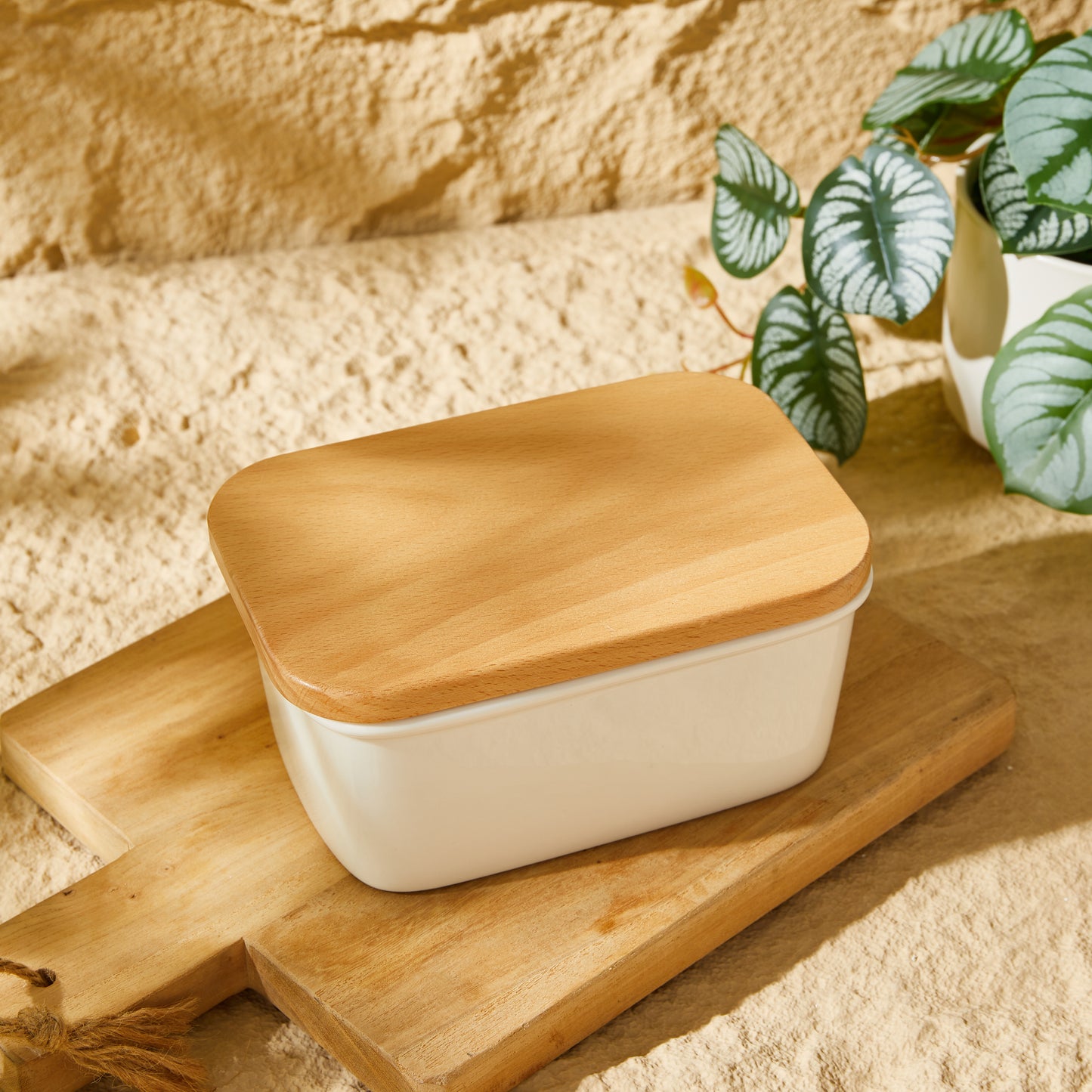 CoreClay Porcelain Butter Dish with Beech Wood Lid, Large Size for Countertop – Ideal for Standard & European Sized Butter, White