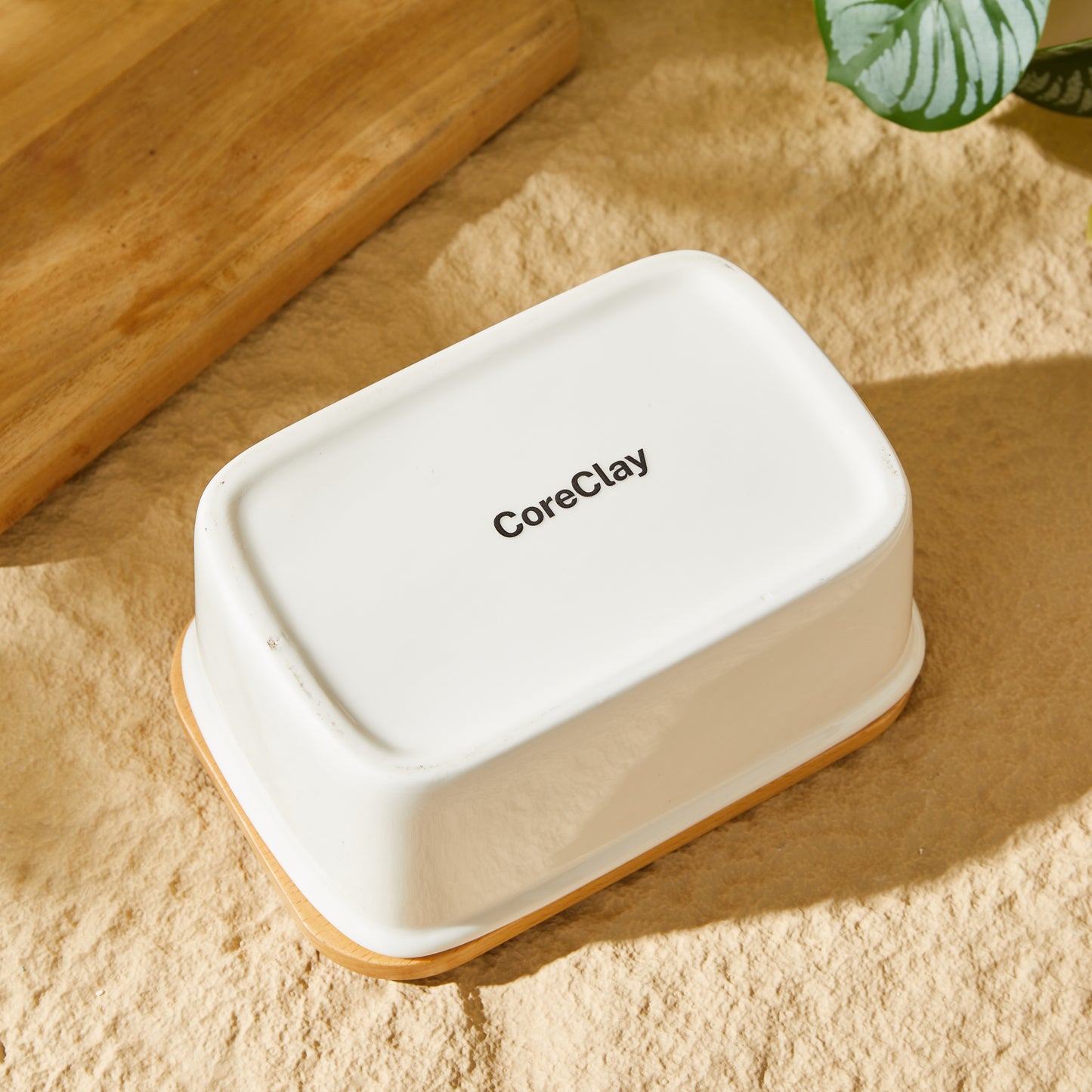 CoreClay Porcelain Butter Dish with Beech Wood Lid, Large Size for Countertop – Ideal for Standard & European Sized Butter, White