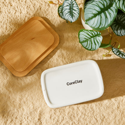 CoreClay Porcelain Butter Dish with Beech Wood Lid, Large Size for Countertop – Ideal for Standard & European Sized Butter, White