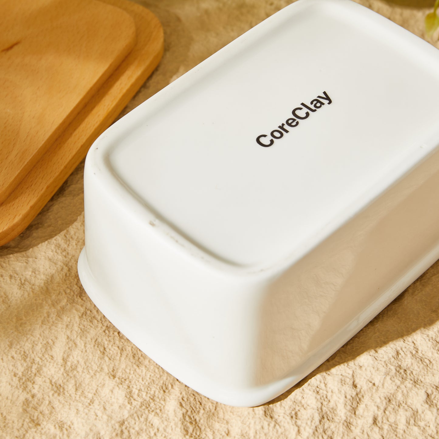 CoreClay Porcelain Butter Dish with Beech Wood Lid, Large Size for Countertop – Ideal for Standard & European Sized Butter, White