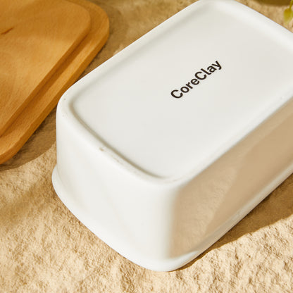 CoreClay Porcelain Butter Dish with Beech Wood Lid, Large Size for Countertop – Ideal for Standard & European Sized Butter, White