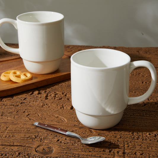 Cloudware 21 oz Large Mug Set – Set of 2 Stackable White Porcelain Coffee Cups with Handles, Ideal for Coffee, Tea & Hot Drinks