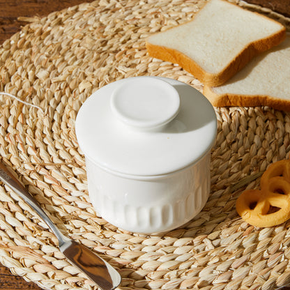 Cloudware French Embossed White Butter Crock with Lid – Floral Relief Pattern & Water Seal – Countertop Butter Keeper for Fresh, Spreadable Butter